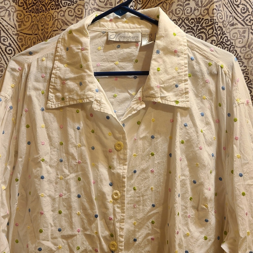 Dressbarn Button Down Shirt Womens 2X White Multicolor Embroidered Dots Cottonβ